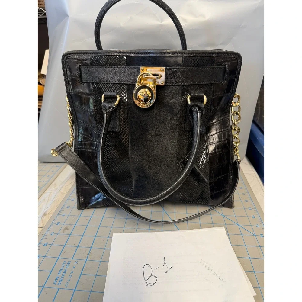 Michael Kors Hamilton Black Mixed Media Calf Hair Croc Embossed Leather Tote Bag
